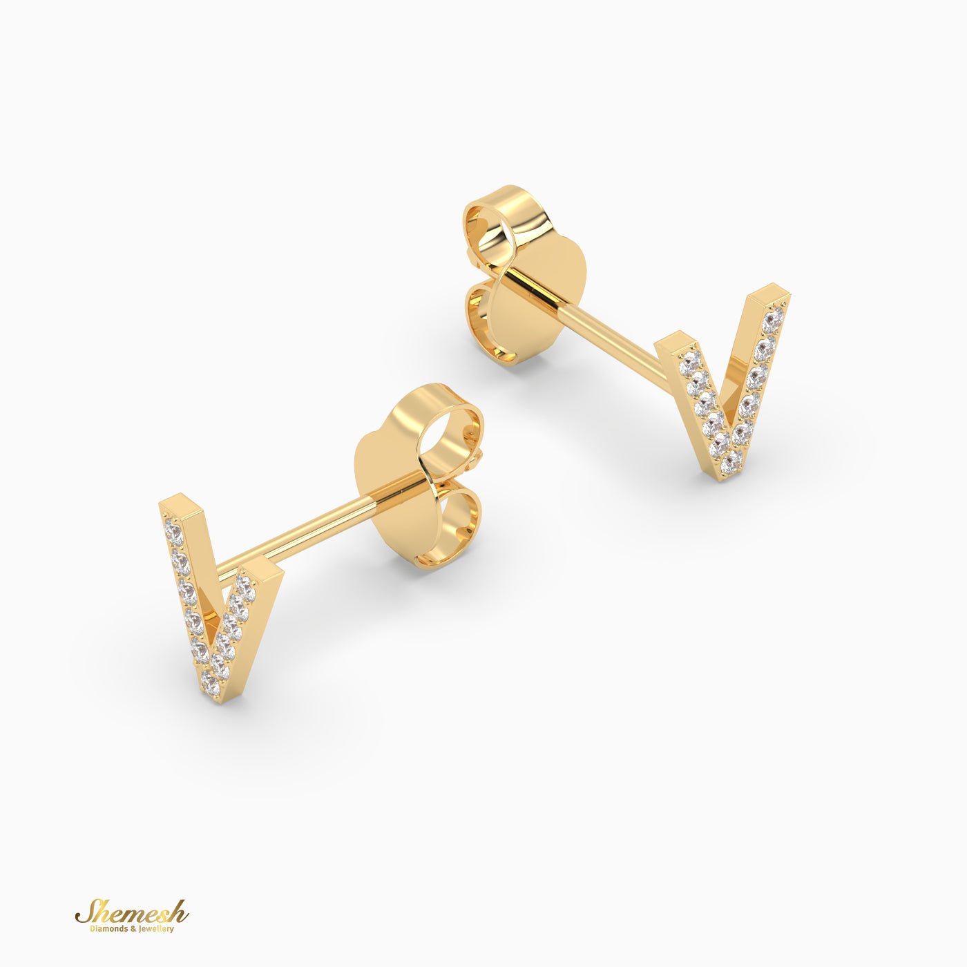 18K Gold "V" Initial Stud Earrings - shemesh_diamonds