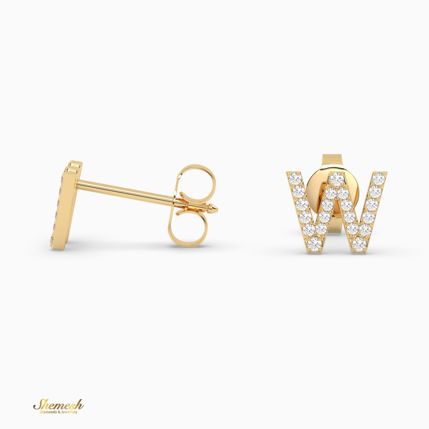 18K Gold "W" Initial Stud Earrings - shemesh_diamonds